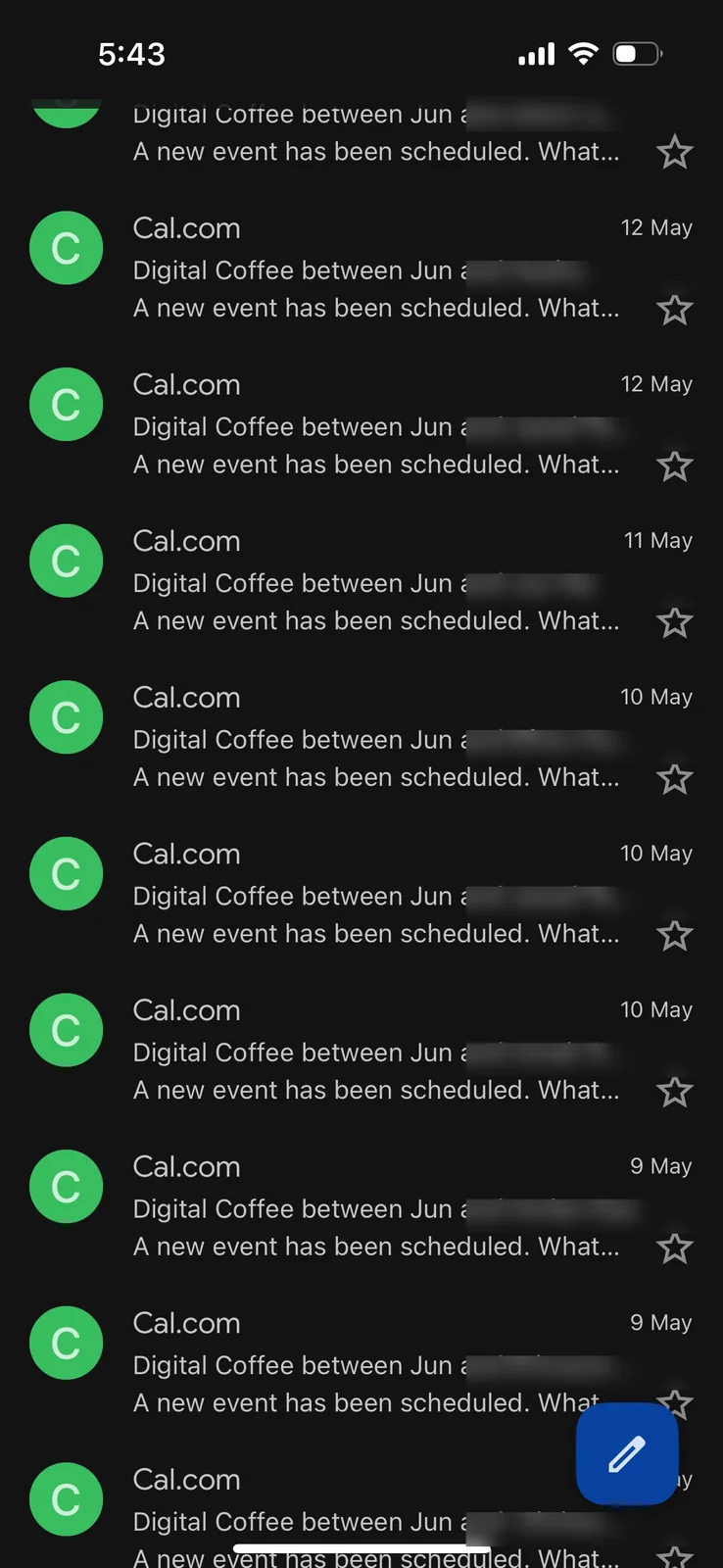 iPhone lock screen full of Cal.com booking notifications