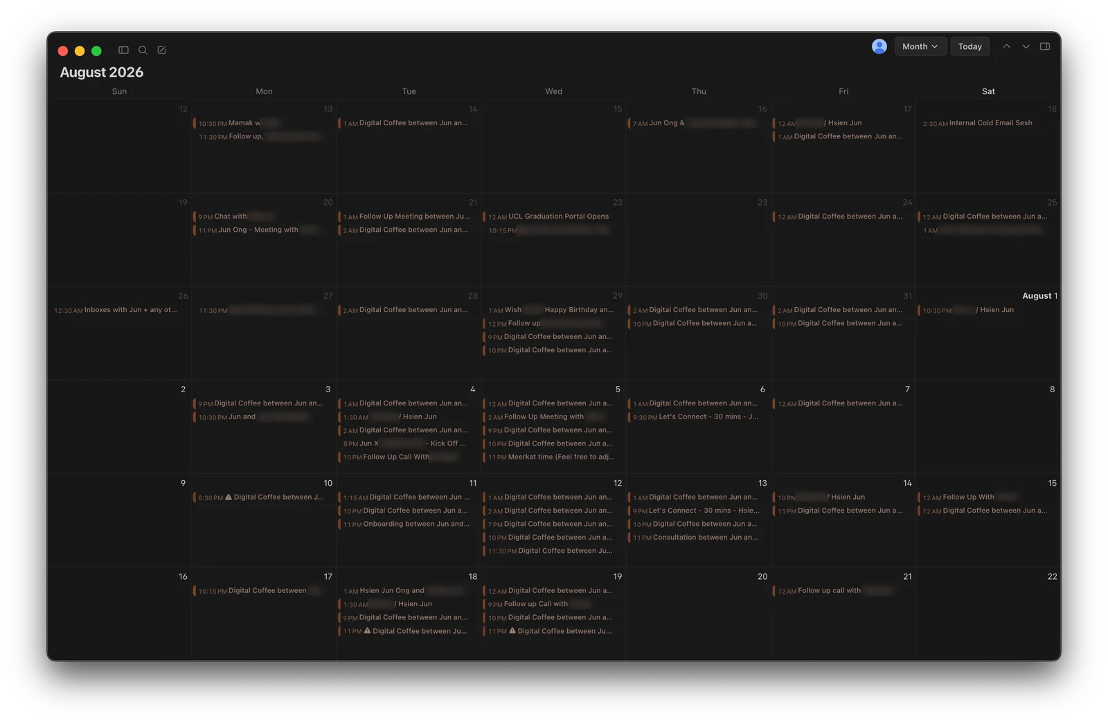 Google Calendar for August 2026, nearly every slot booked with Digital Coffee sales calls