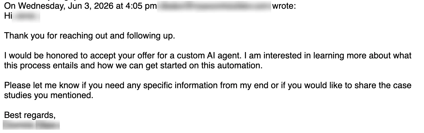 Positive reply: I'd be honored to accept your offer.