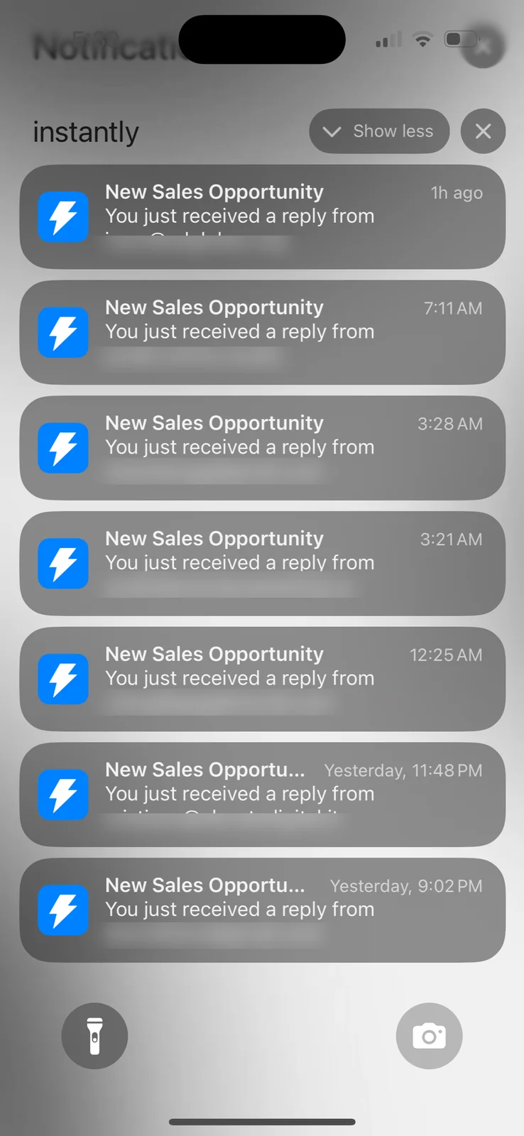 iPhone lock screen full of Instantly new sales opportunity notifications