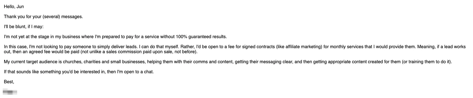 Positive reply: I'm open to a chat.