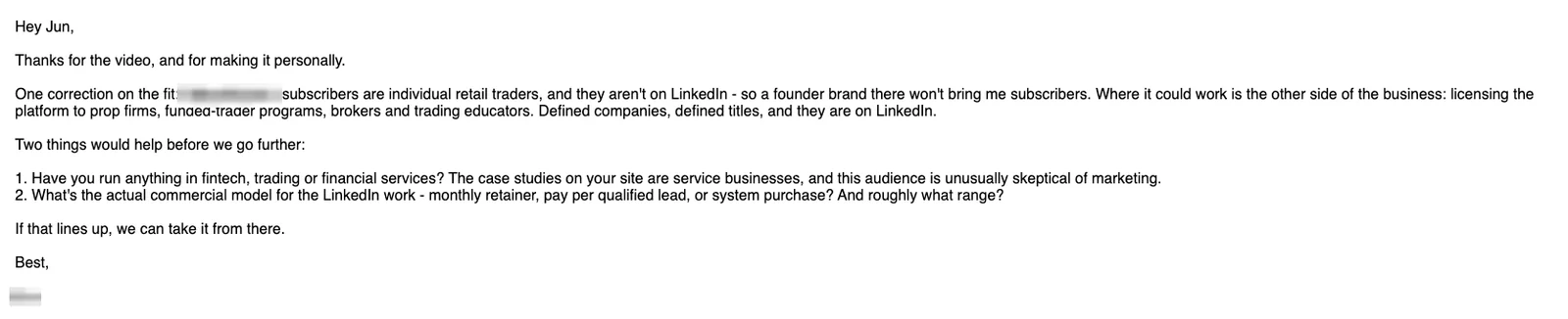 Positive reply: Thanks for the video, and for making it personally.
